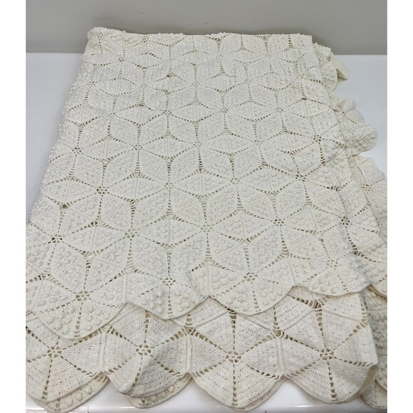 Vintage Crochet Coverlet Bedspread Star Popcorn Pinwheel Ecru Handmade Boho - Picture 2 of 8